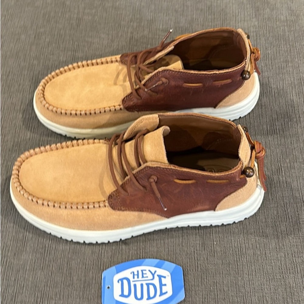 Never worn Hey Dudes paid $126. Jackson-suede Chestnut
